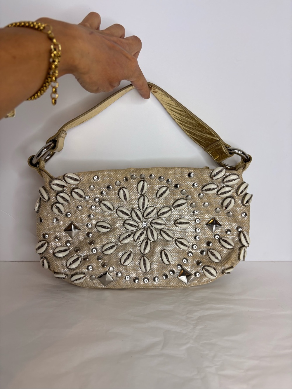 Franco Sarto Beige Shell-Embellished Shoulder Bag